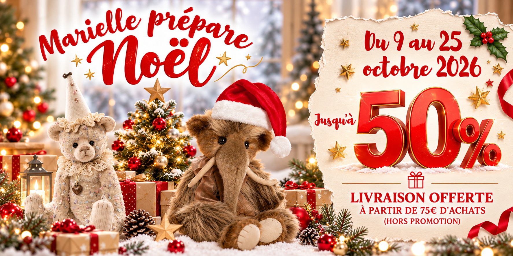 Promotion de Noël avec peluches et cadeaux Marielle