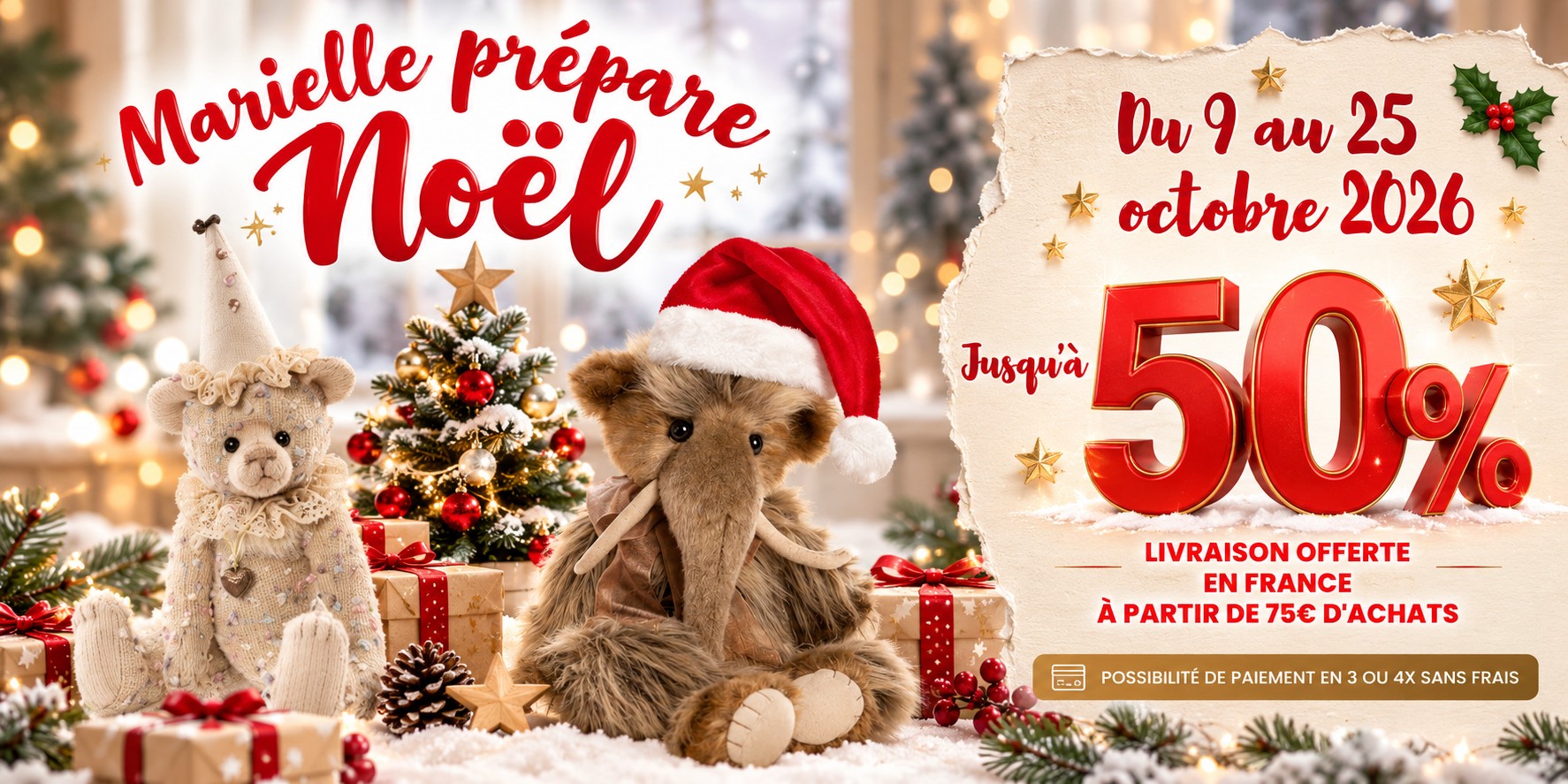 Promotion de Noël avec peluches et cadeaux Marielle Au Pays des Ours